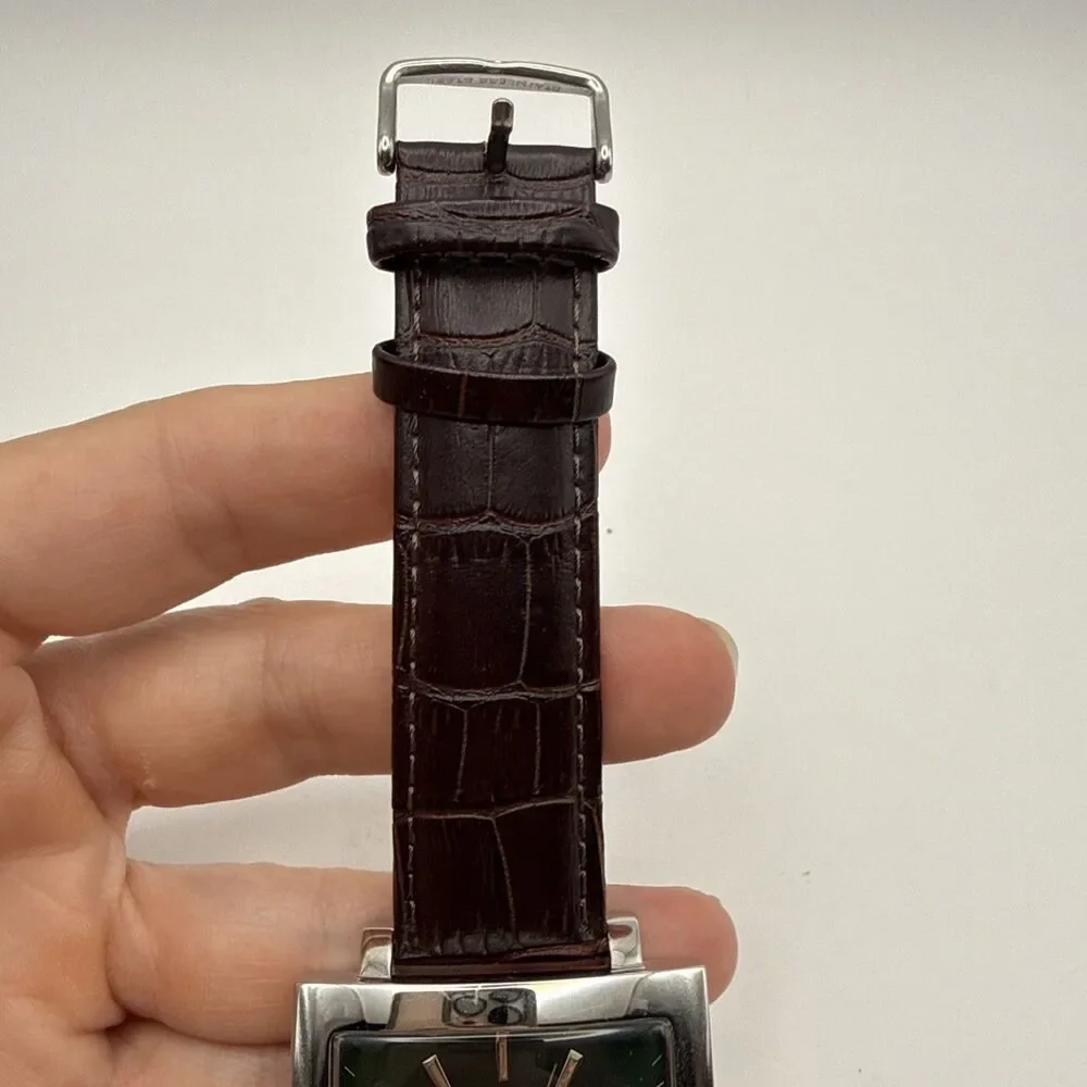 Puredial Square Legacy 1860s Style Mens Stainless Steel Watch Brown Leather Band